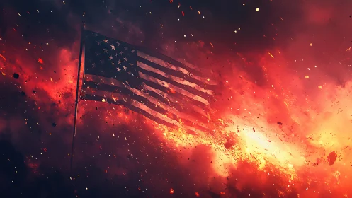 American Flag Against Intense Red and Orange Explosion
