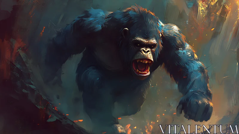 Roaring blue gorilla charges forward through fiery abstract haze
