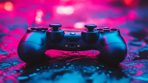 Gaming controller bathed in neon cyan-magenta luminescence and volumetric fog effects