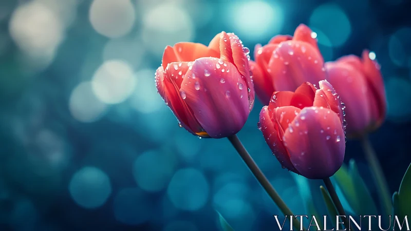 Crimson Tulips with Dewdrops: Macro Botanical Study in Bokeh Light.