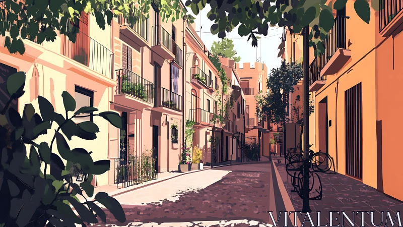 Sunlit Mediterranean alleyway lined with balconies and trees.