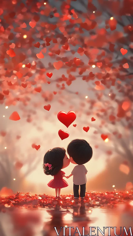 Two silhouetted figures beneath floating red hearts.