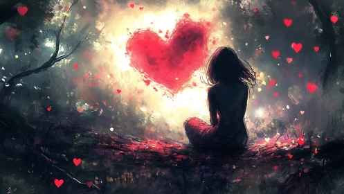 Silhouetted Figure Gazing at Luminous Heart Form in Surreal Landscape