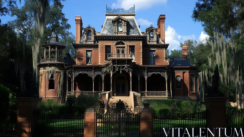 Victorian brick mansion with ornate ironwork in daylight