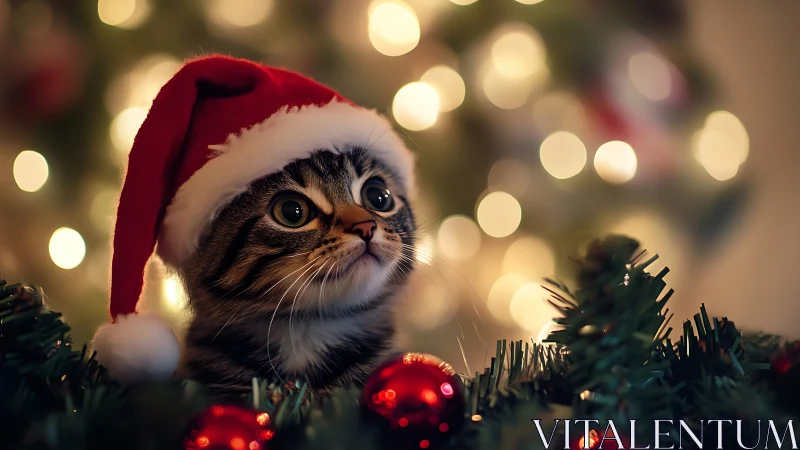 Tabby kitten in Santa hat framed by festive bokeh lights.
