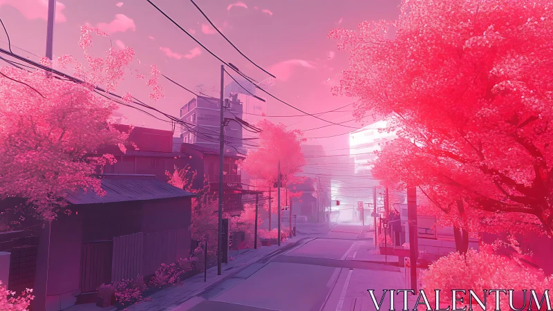 Pastel pink city street glows under stylized spring light