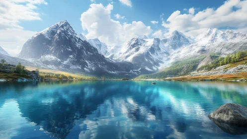 Sky-mirrored alpine giants above a spellbright turquoise lake.