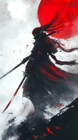 Lone samurai strides beneath a blood-red sun in stormy silence.