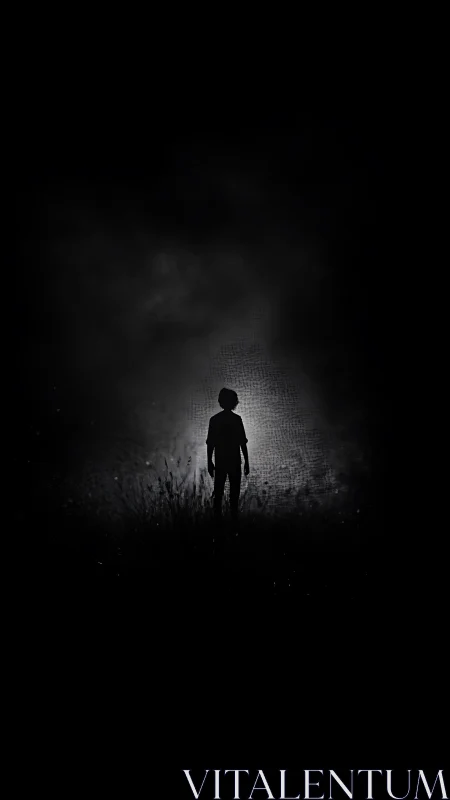 Silhouetted child stands in glowing mist within dark field