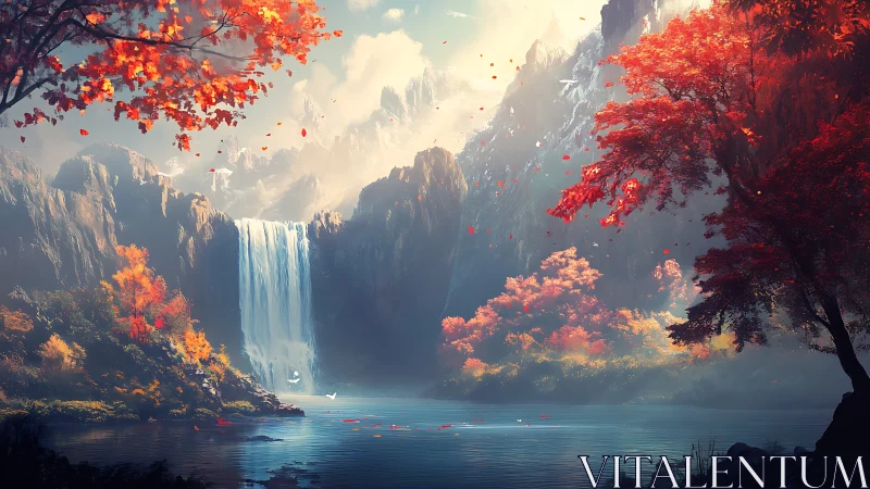 Autumnal mountain waterfall framed by high-saturation red foliage