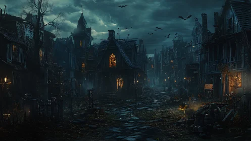 Midnight bats patrol a crooked village of haunted windows