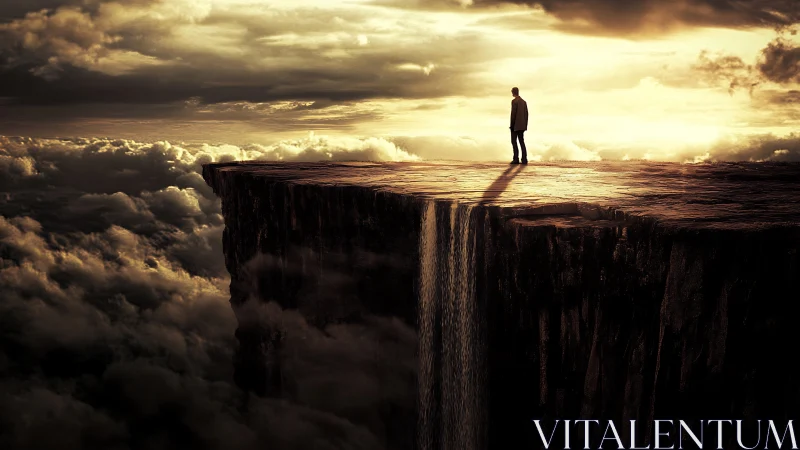 Solitary observer on cloud-suspended plateau with vertical cascade.