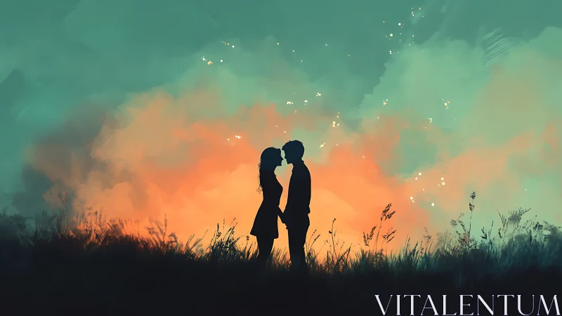 Silhouetted Romance Against Ethereal Sunset Gradient.