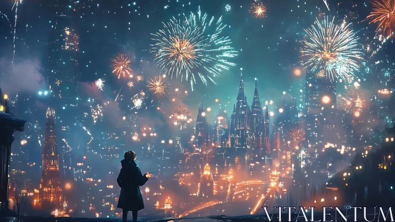 Firelit futuristic skyline viewed from solitary figure at dusk.