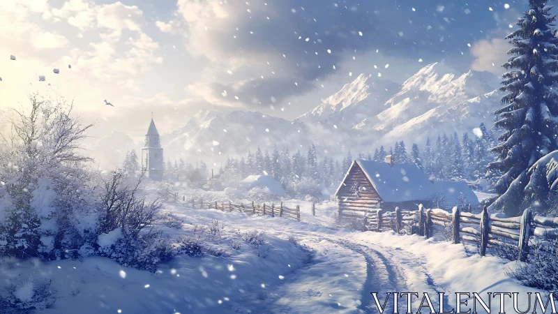 Snowy mountain cabin welcomes winter along a quiet path