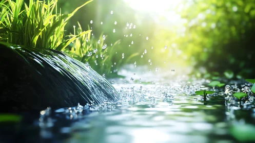 Sunlit stream splashes send gentle sparkles through nature