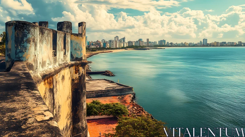 Weathered coastal fort overlooks sunlit modern skyline.