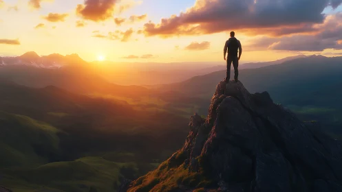 Solitary hiker overlooks glowing mountain valley sunrise.