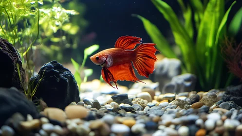Scarlet betta fish gliding through illuminated aquascape.