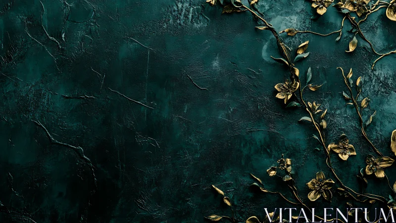 Dark teal textured wall shows raised gold floral ornament