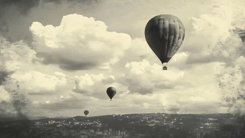 Ballooned daydreams drift slowly above a sepia cityscape