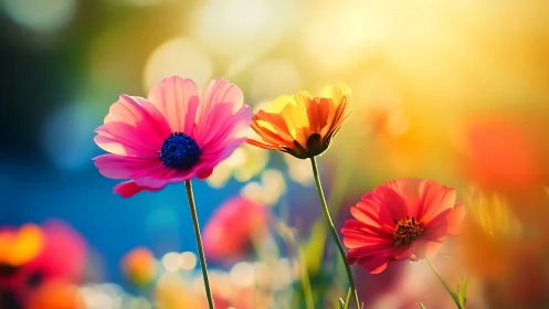 Vibrant Gerbera Daisies in Selective Focus with Golden Hour Bokeh Background