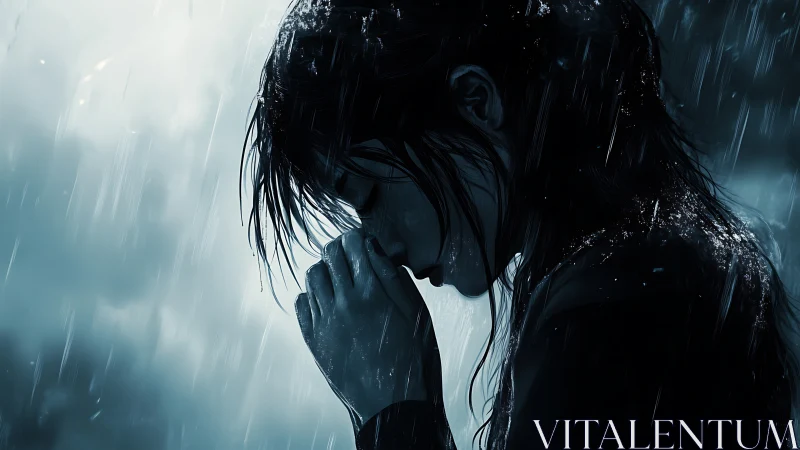 Side-profile silhouette of person standing in heavy rainfall