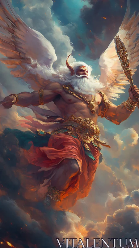 Winged celestial warrior ascends through volumetric storm clouds