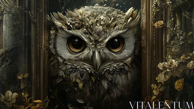 Nocturnal owl portrait framed in baroque foliage and gilded wood.