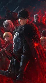 Armored swordsman stands before group in red-lit scene