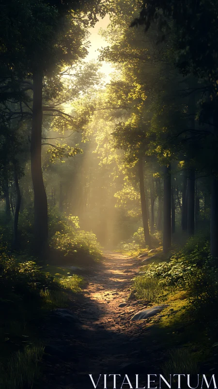 Forest path with directional sunlight through canopy.