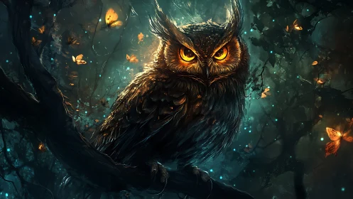 Glowing eyed owl perched in dark enchanted forest at night.