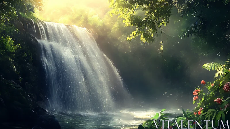 Sunlit jungle cascade whispering over emerald shadows.