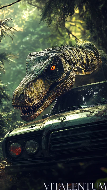 Cinematic theropod attack on abandoned jungle sedan at dusk