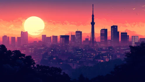 Neon dusk skyline with towering spire over glowing cityscape.