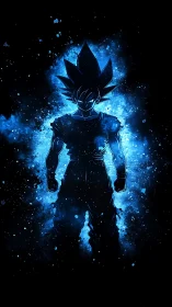 Starlit warrior silhouette blazing in electric blue aura.