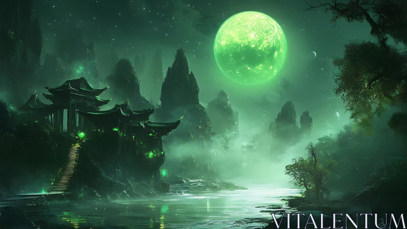Emerald moonlit pagoda complex overlooks misted karst river