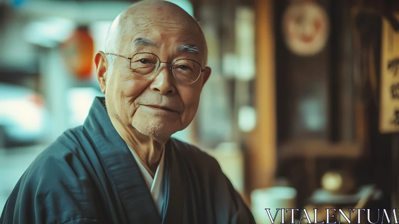 Elderly Japanese man in kimono, shallow depth portrait indoors