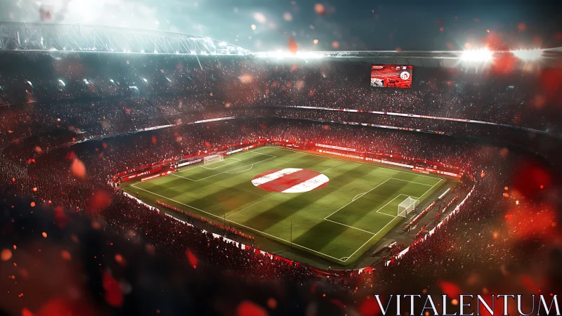 Floodlit football arena with red crowd choreography at night.