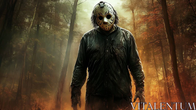 Masked stalker emerging from burning autumn forest gloom.