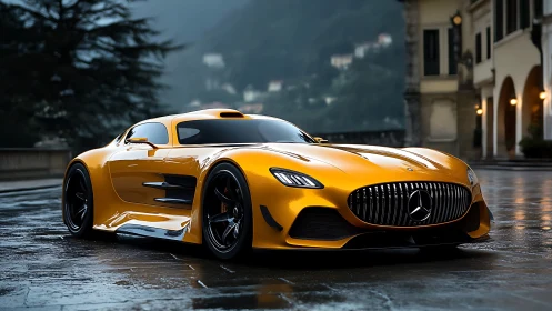 Low-angle render of gold Mercedes AMG supercar on wet cobblestone