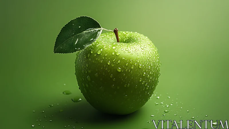 Green apple stands in vivid studio light with fresh dew