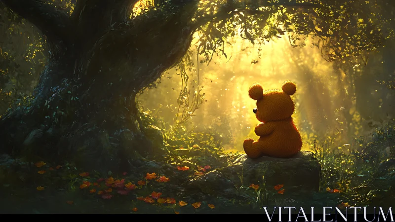 Cozy teddy bear daydreaming in a sunlit forest glade.