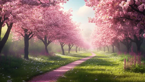 Sunlit cherry blossom path winding through spring grove.