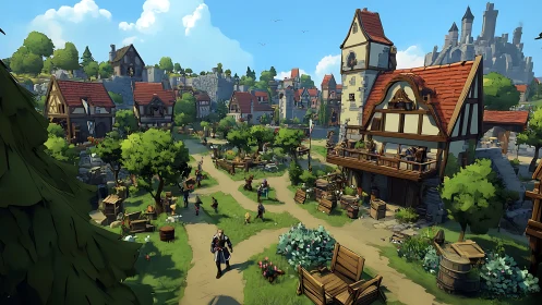 Medieval market square rendered in stylized digital art