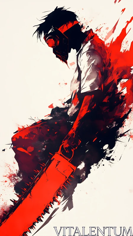 Masked anime figure holding red chainsaw in motion splash