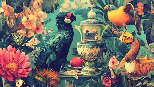 Vibrant Exotic Birds and Florals in Ornate Still Life Artwork.