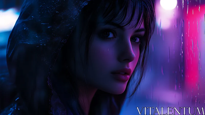 Neon rain softly frames a reflective girl in the night city