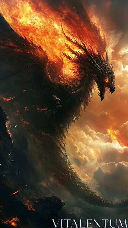 Infernal dragon erupts through stormlit volcanic skies.