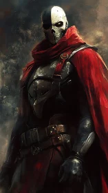 Masked armored figure in red cloak against dark backdrop.